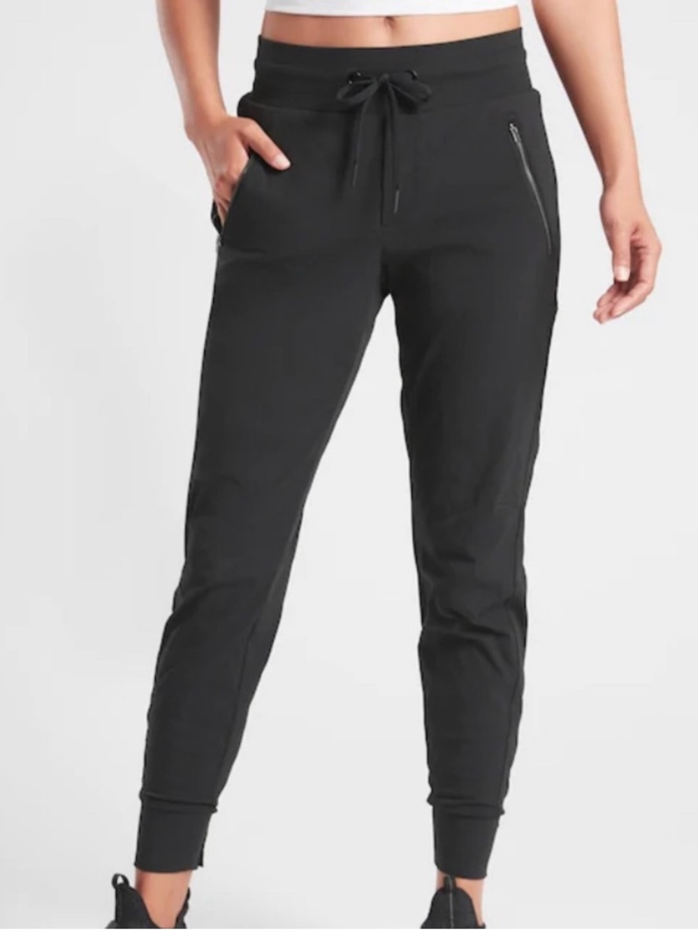 Athleta Black Trekkie 3 Zip-Pocket Jogger Pants. Stretchy hiking travel joggers